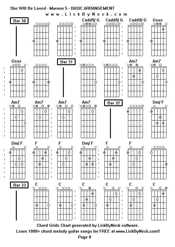 Chord Grids Chart of chord melody fingerstyle guitar song-She Will Be Loved - Maroon 5 - BASIC ARRANGEMENT,generated by LickByNeck software.